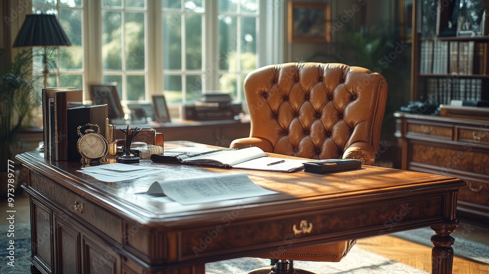 Elegant office space with a wooden desk and an inviting chair. Elegant office space with a wooden desk and an inviting chair.