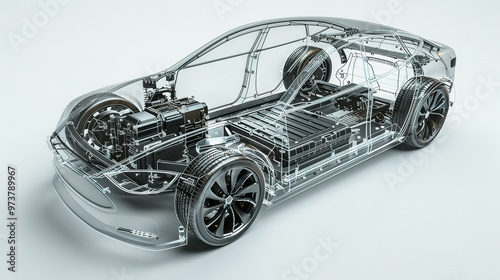 Modern Electric Car Chassis X-Ray: Line Art 3D Illustration in a Studio Environment, Highlighting the Vehicle Battery