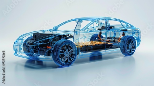 Studio Setting X-Ray: Line Art 3D Illustration of a Modern Electric Car Chassis, Showcasing the Vehicle Battery