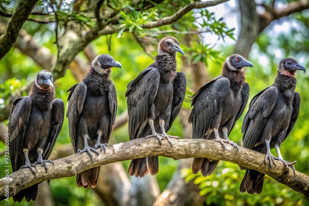 A flock of black vultures, also known as zopilotes, perch on a tree branch, their sharp beaks and A flock of black vultures, also known as zopilotes, perch on a tree branch, their sharp beaks and