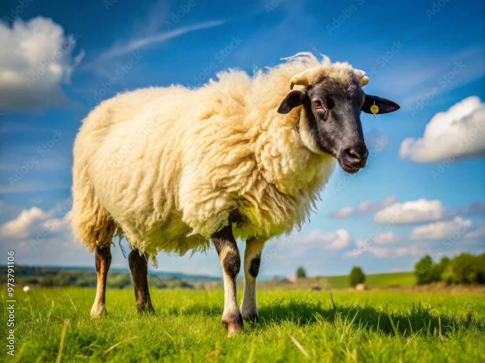 A fluffy white Dorper sheep with a distinctive black head and legs grazes peacefully in a lush green A fluffy white Dorper sheep with a distinctive black head and legs grazes peacefully in a lush green