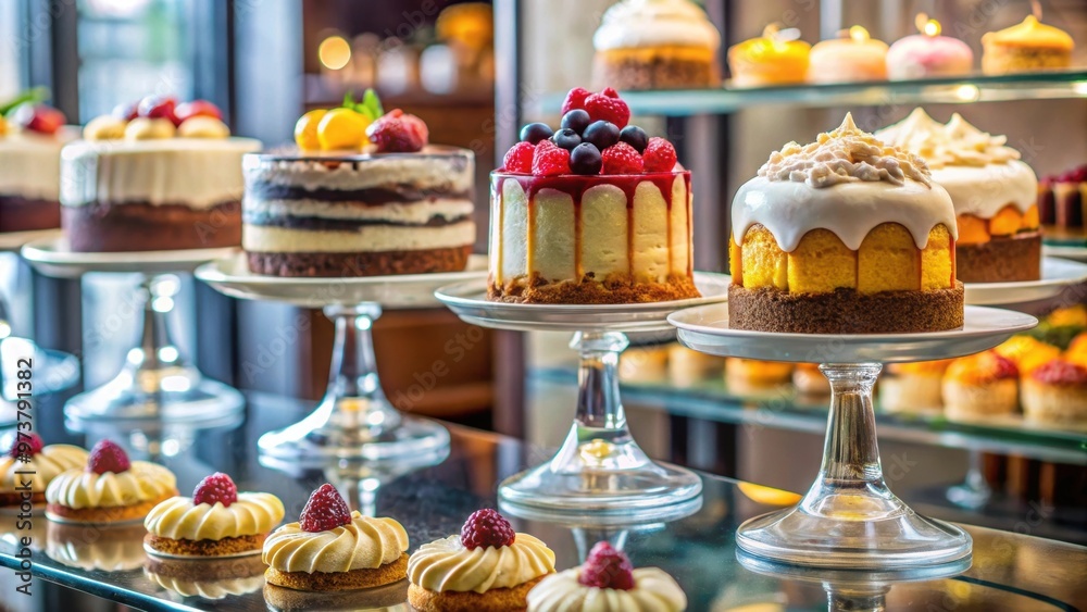 Assorted cakes on a glass stand at a bakery, cakes, dessert, sweets, bakery, confectionery, pastries, display, assortment Assorted cakes on a glass stand at a bakery, cakes, dessert, sweets, bakery, confectionery, pastries, display, assortment