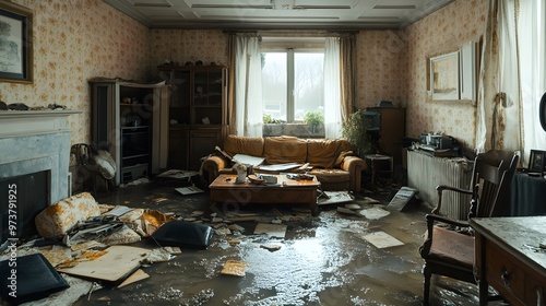 A flood-damaged living room, with soaked furniture, personal items strewn across the floor, and peeling wallpaper, creating a scene of devastation