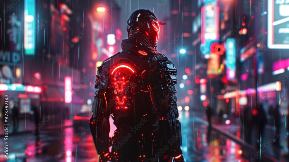 Obraz premium Futuristic cyborg neon army with blurry cyberpunk city street background AI generated image
