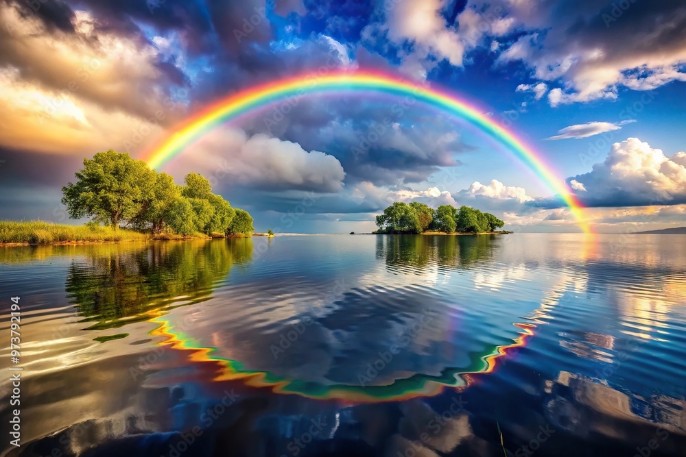 Colorful landscape with rainbow, sun, clouds, sea, trees, reflection Colorful landscape with rainbow, sun, clouds, sea, trees, reflection