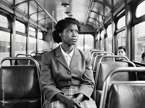 African American woman sitting on a bus, defiantly refusing to give up her seat, sparking a pivotal moment