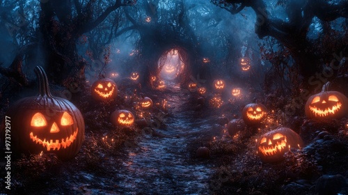 Spooky Forest Trail Illuminated by Jack-o'-Lanterns in Mist 