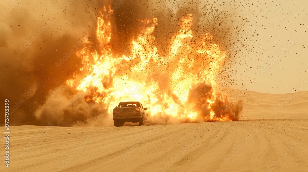 Car Driving Through Explosion in Desert Car Driving Through Explosion in Desert