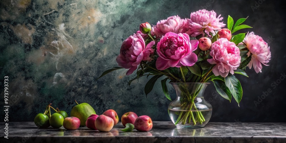 Beautiful still life with peonies in a vase and fruit on a dark marble background, peonies, flowers, vase Beautiful still life with peonies in a vase and fruit on a dark marble background, peonies, flowers, vase