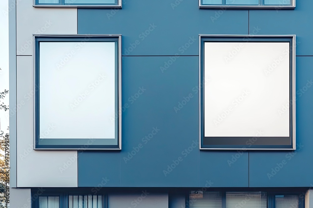 Fototapeta premium Signboard poster mockup on a facade of the building, blank space to display your advertising or branding campaign , ai