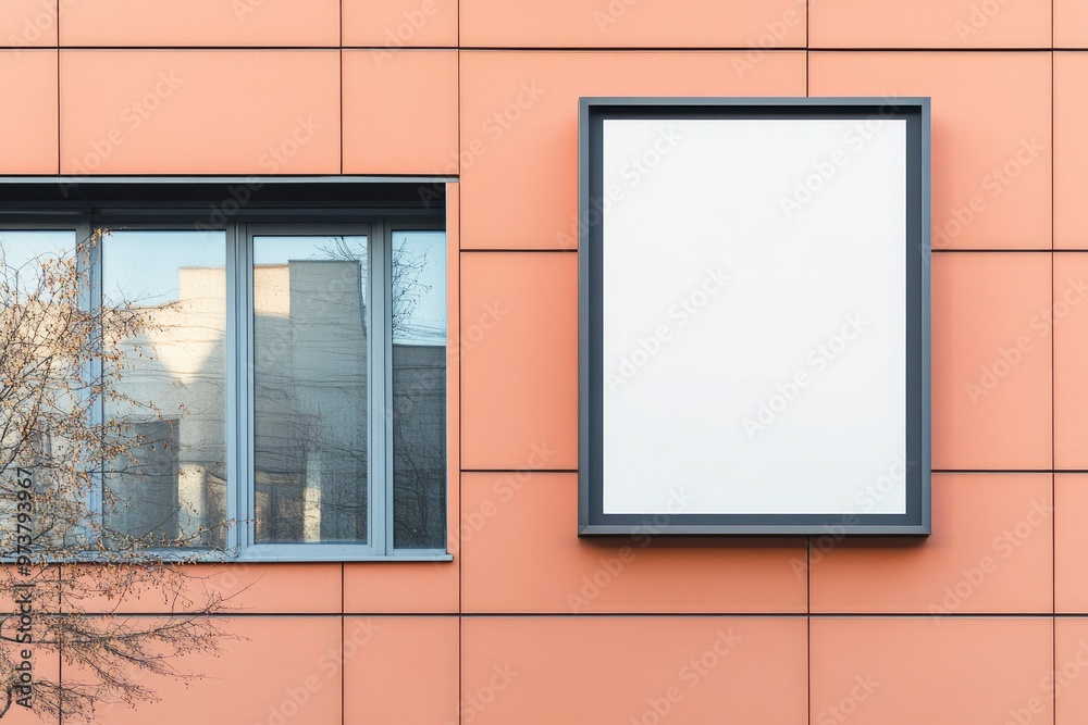 Fototapeta premium Signboard poster mockup on a facade of the building, blank space to display your advertising or branding campaign , ai