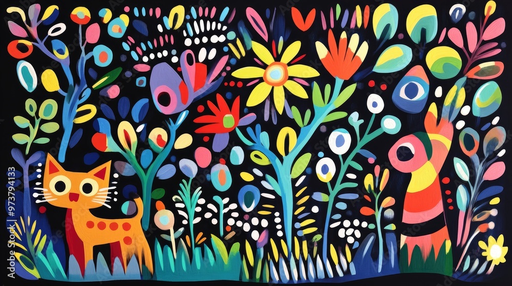 Naklejka premium Colorful Abstract Art: Flowers, Cats, and a Black Background