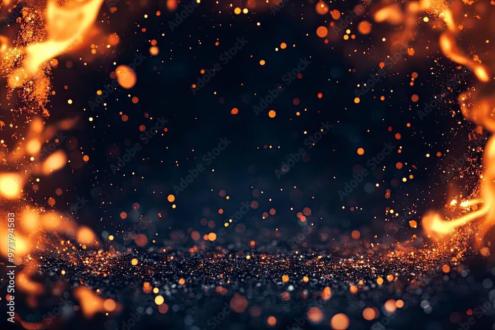Fire embers particles over black background. Fire sparks background. Abstract dark glitter fire particles lights from above and below, as a frame , ai