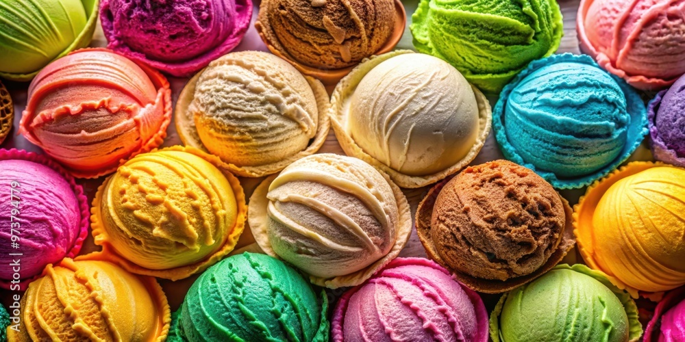 A colorful and delicious ice cream background, sweet, dessert, delicious, frozen, cold, treat, summer, scoops, variety