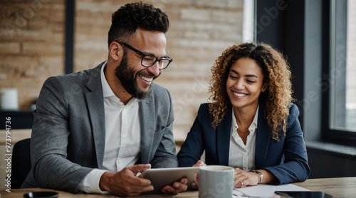 Happy businesspeople while collaborating