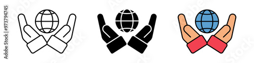set of environmental protection icons. globe symbol held in hand. trendy and modern design