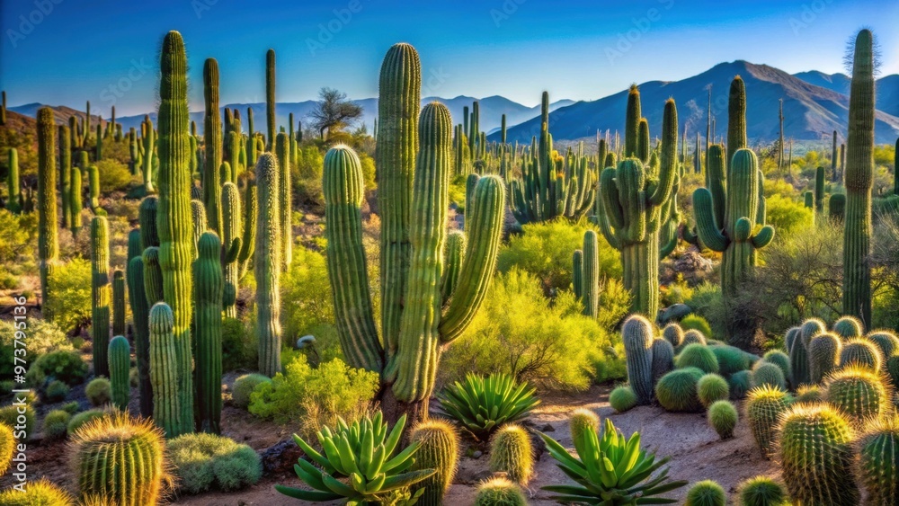 A dense cactus forest with towering saguaro cacti and prickly pear plants, desert, southwest, arid, arizona, succulent A dense cactus forest with towering saguaro cacti and prickly pear plants, desert, southwest, arid, arizona, succulent