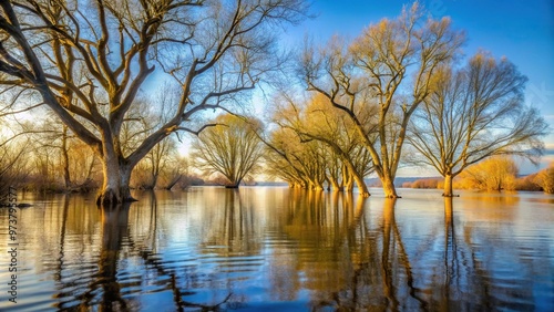 Concept = Depth of Field Trees without leaves growing from a large river