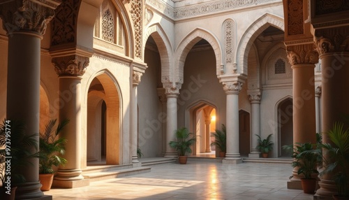 Interior courtyard with ornate arches and columns in traditional Islamic architecture. Cultural heritage and architectural design concept