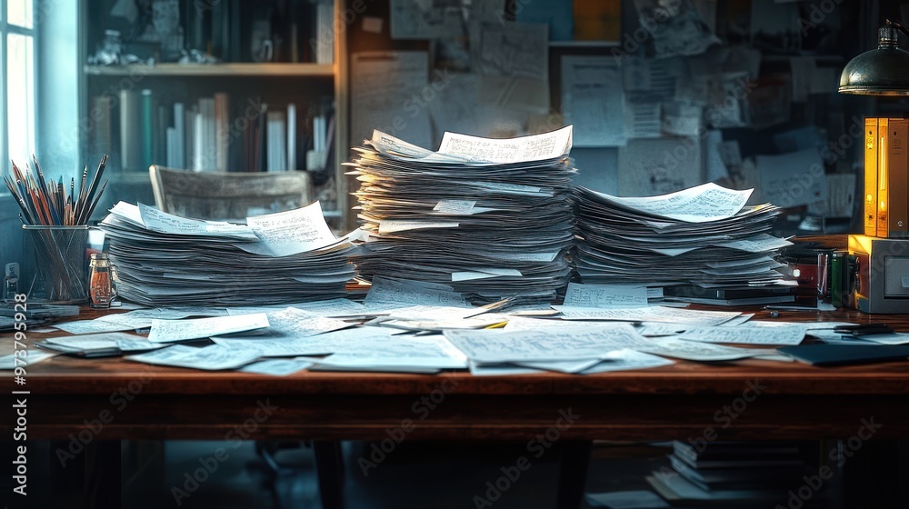 A cluttered desk filled with stacks of papers and documents. A cluttered desk filled with stacks of papers and documents.
