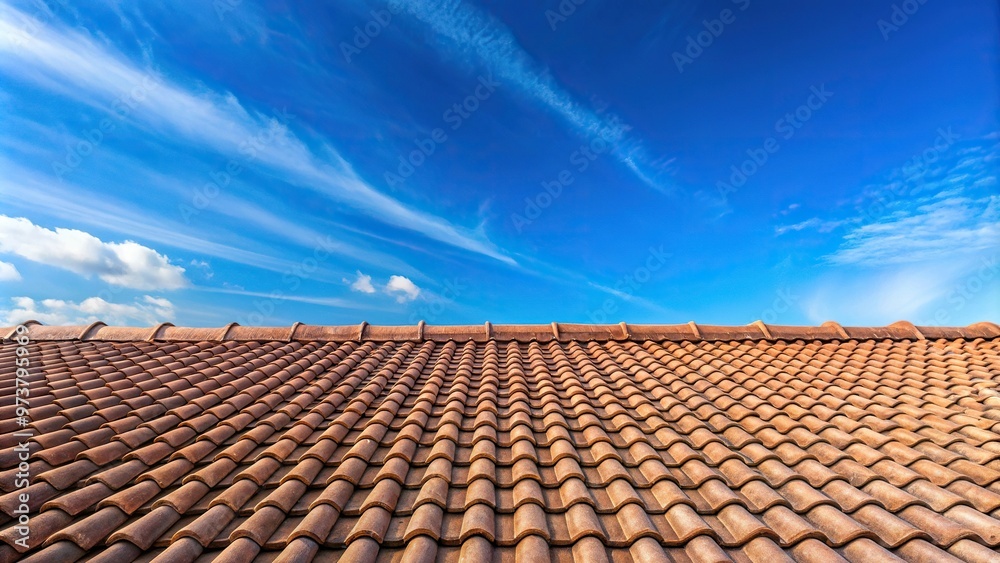 Concrete roof tiles with blue sky in background Concrete roof tiles with blue sky in background