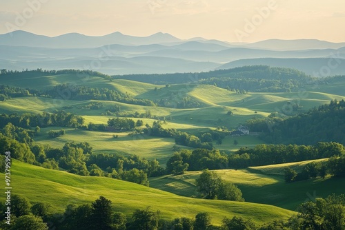 A scenic view of rolling green hills and distant mountains in the Kralicky Sneznik Mountains of Czechia. The landscape is bathed in warm sunlight, creating a serene and peaceful atmosphere , ai