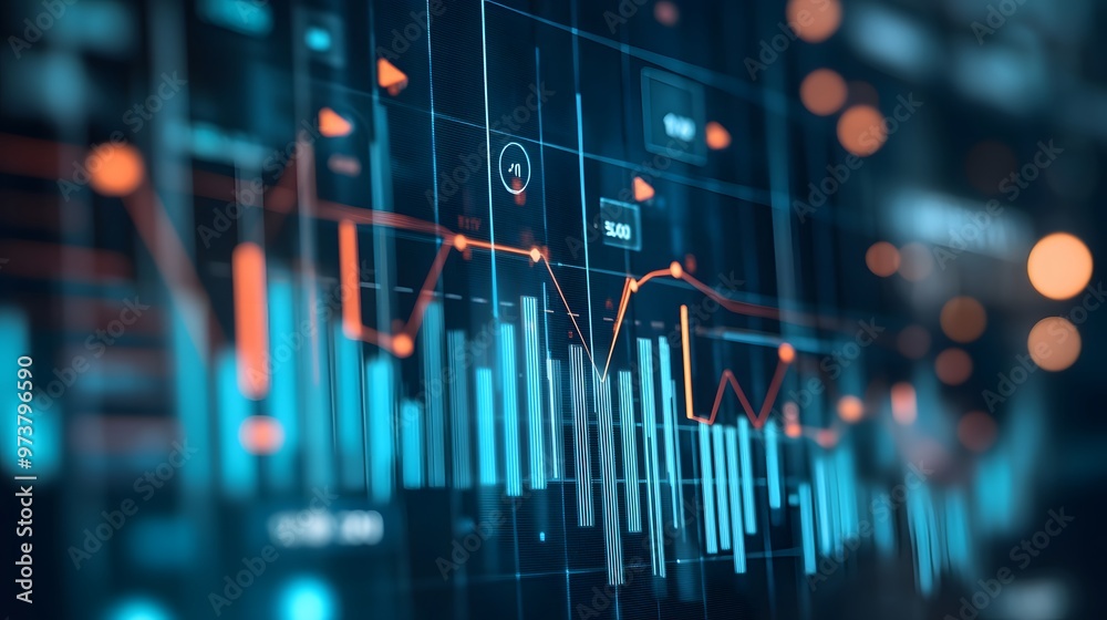 Abstract financial data display with blue and orange lines and graphs Abstract financial data display with blue and orange lines and graphs