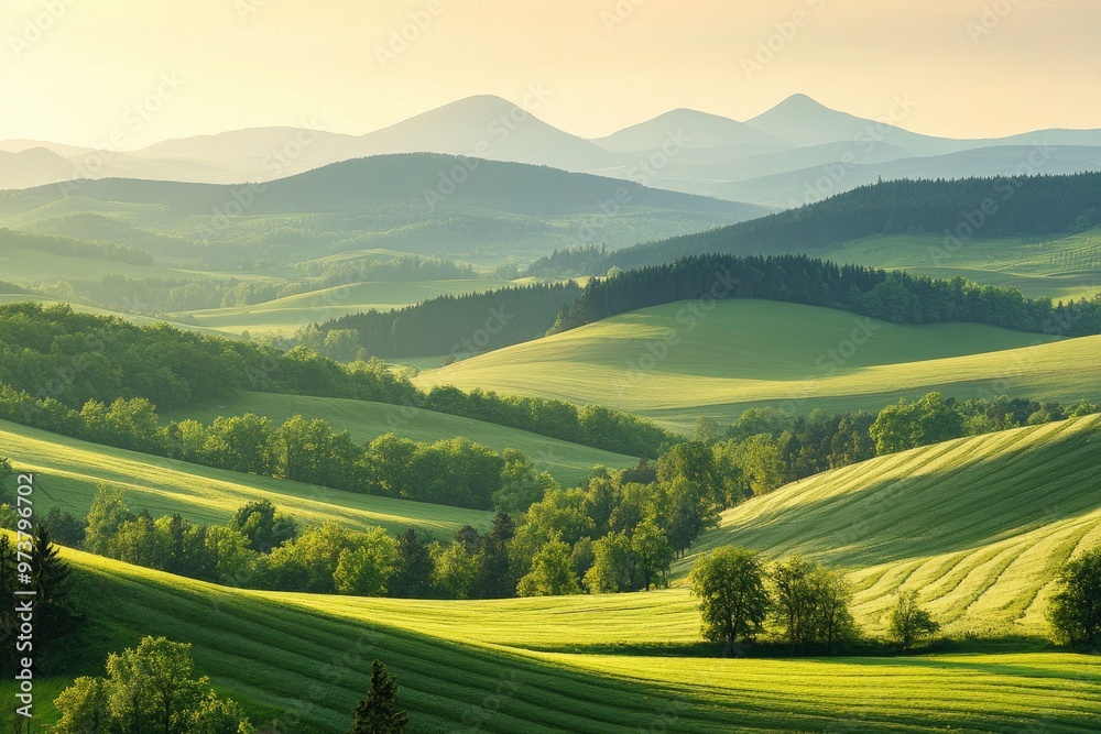 Obraz premium A scenic view of rolling green hills and distant mountains in the Kralicky Sneznik Mountains of Czechia. The landscape is bathed in warm sunlight, creating a serene and peaceful atmosphere , ai