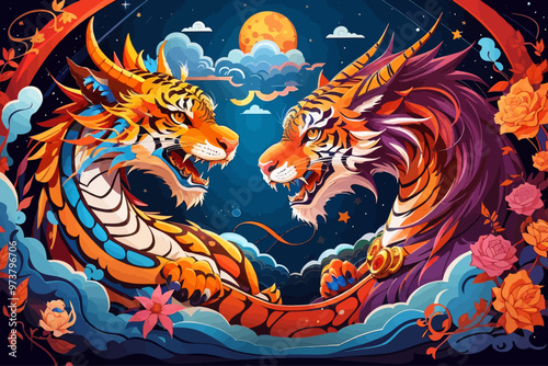 dragons and tigers in a happy union in a celestian sky