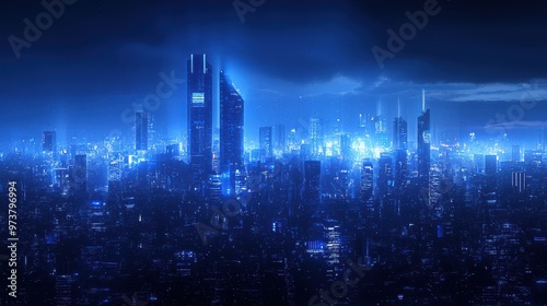 Futuristic Cityscape at Night with Blue Neon Lights