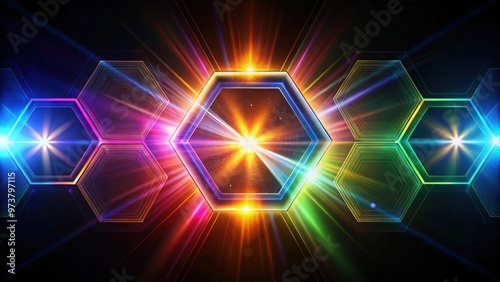 Solar camera lens flare creating colorful hexagon shapes on black background, solar, camera lens photo