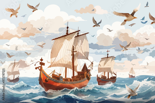 watercolor style pattern of viking sailing ship