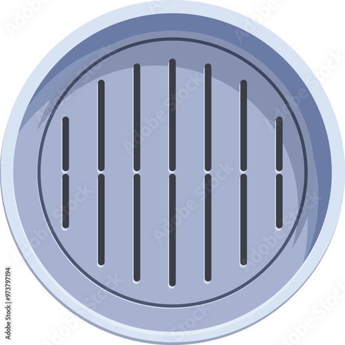 Round manhole cover with ventilation grills icon in cartoon style isolated on white background