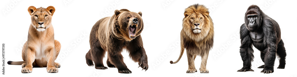 Fototapeta premium Set of wild animals family, ion, bear, lioness, gorilla, full body shot, isolated on transparent background