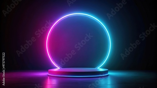 Empty stage with neon glowing round frame on dark background , podium, awards, product display,abstract, empty