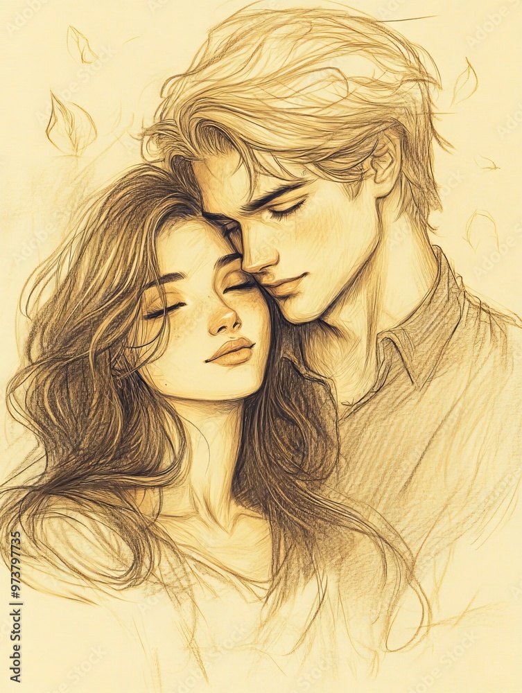 A drawing of a man and a woman kissing each other A drawing of a man and a woman kissing each other