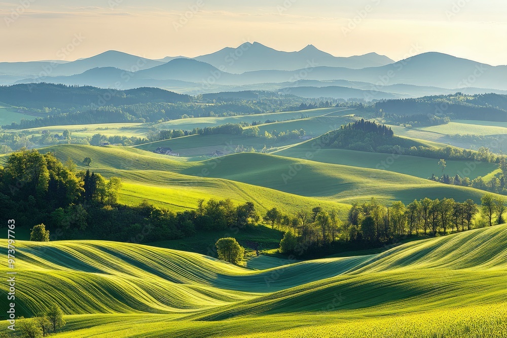 A scenic view of rolling green hills and distant mountains in the Kralicky Sneznik Mountains of Czechia. The landscape is bathed in warm sunlight, creating a serene and peaceful atmosphere , ai A scenic view of rolling green hills and distant mountains in the Kralicky Sneznik Mountains of Czechia. The landscape is bathed in warm sunlight, creating a serene and peaceful atmosphere , ai