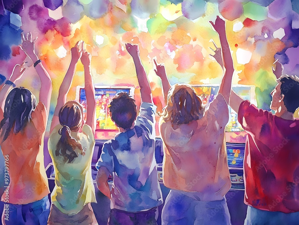 Obraz premium A vibrant scene of five individuals celebrating joyfully, arms raised, against a colorful backdrop of lights and confetti.