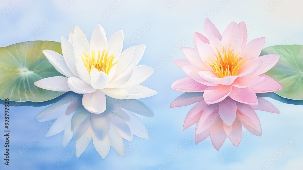 Obraz premium Beautiful white and pink lotus flowers reflecting in serene water, symbolizing peace and tranquility in nature.