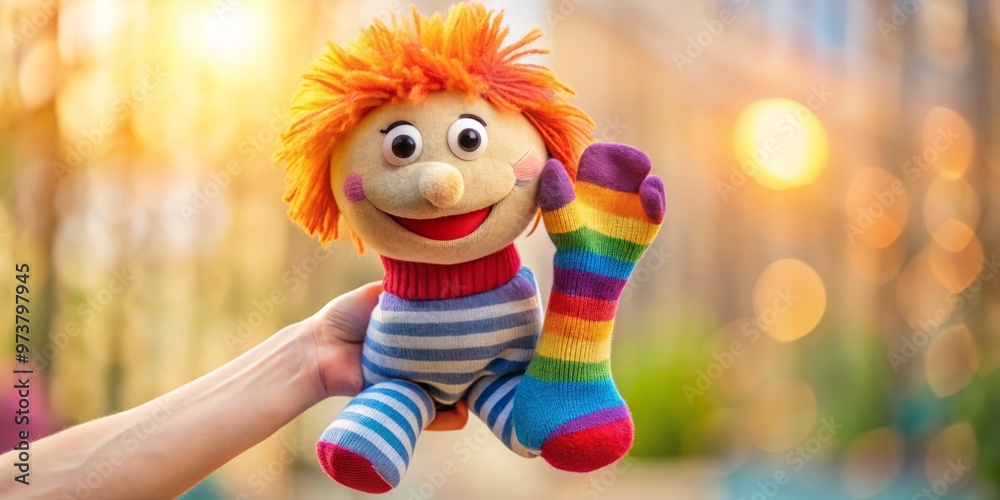 Naklejka premium A hand holds a colorful, soft, and worn-out puppet with a smiling face, paired with a matching sock,