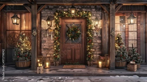 illustration of a door decorated for Christmas