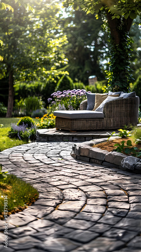 London garden in summer with patio, wooden garden furniture and a parasol or sun umbrella