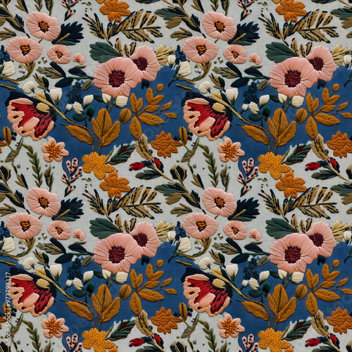 Illustration of nature flower. Seamless patterns in stumpwork embroidery style of floral.[B-0130] photo