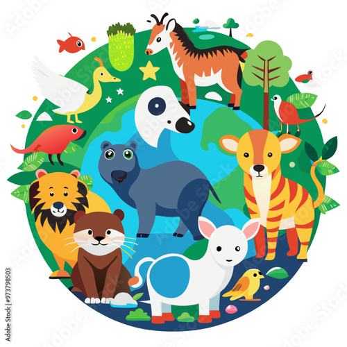 Global Biodiversity:  A vibrant illustration showcasing a diverse array of animals from around the world, representing the interconnectedness of life on Earth.  The animals stand together on a colorfu photo