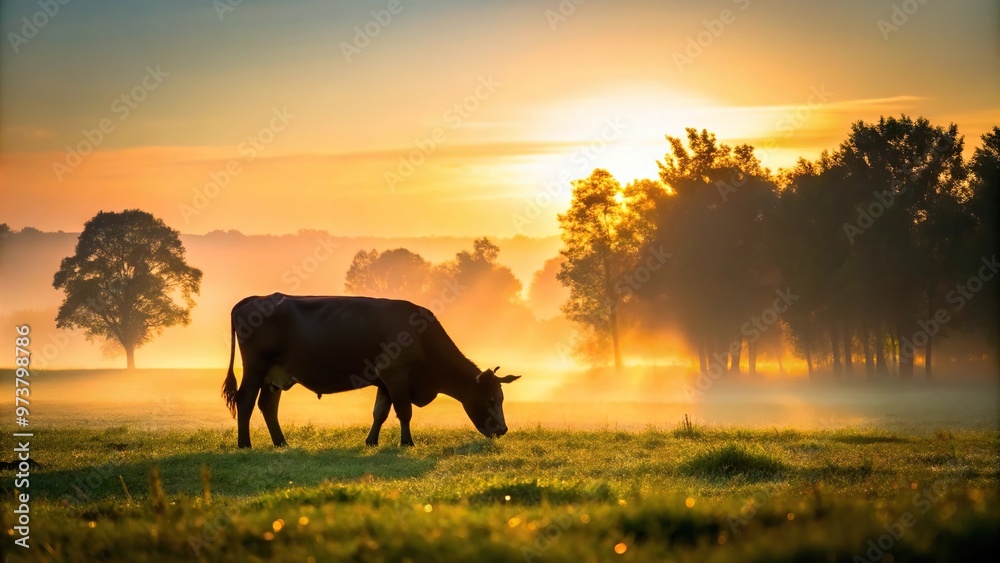 Cow grazing in serene country field with trees silhouette in the background Cow grazing in serene country field with trees silhouette in the background
