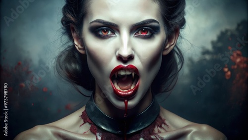 A hauntingly beautiful female vampire with porcelain skin and razor-sharp fangs sinks her teeth into a bloody neck, photo