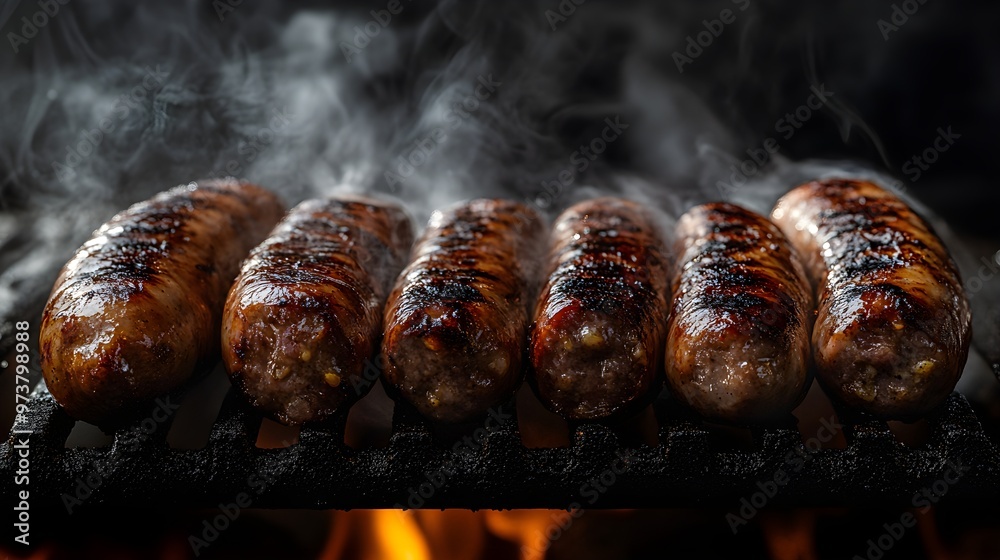 Smoky scene of grilled sausages, capturing the detailed wisp of smoke, the rough texture of the grill, and mouthwatering food imagery