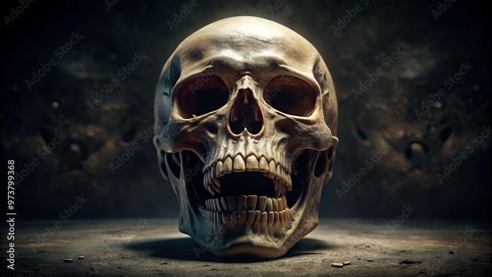 A hauntingly detailedhuman skull with gaping open mouth, showcasing gleaming white teeth and a dark, mysterious void,
