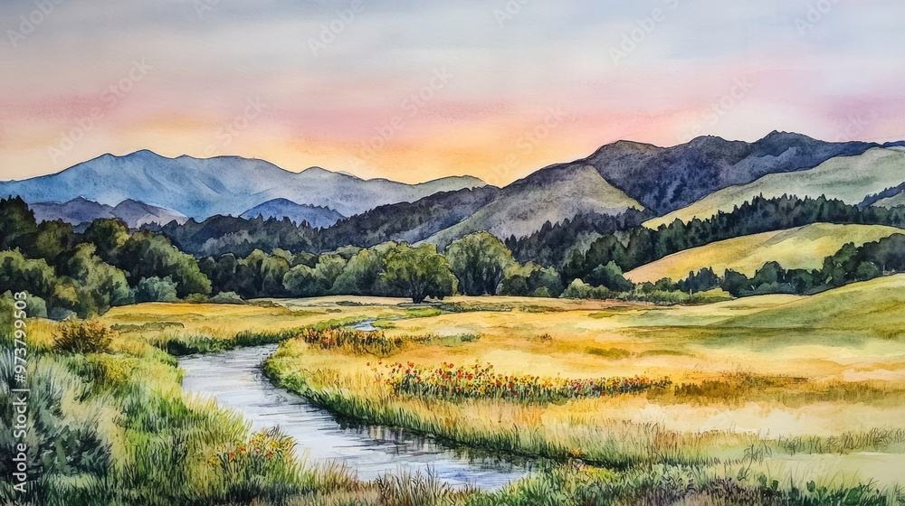 Fototapeta premium Peaceful countryside with flowing stream, hills, and sunset sky.