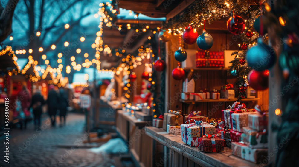 Fototapeta premium Festive Christmas market with holiday lights and decorated stalls